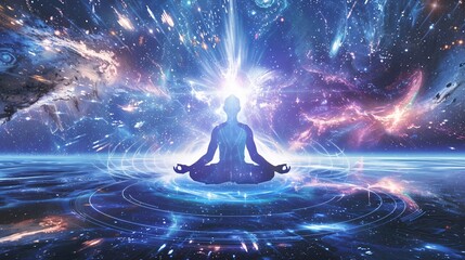 Harmonized energy fields and light around a meditating character in a cosmic background