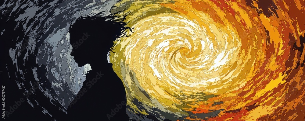 Poster abstract representation of contrasting emotions displayed through a swirling pattern in dark and war