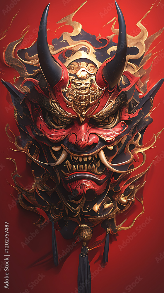 Aufkleber japanese demon mask with bright texture and glowing elements on soft gradient background