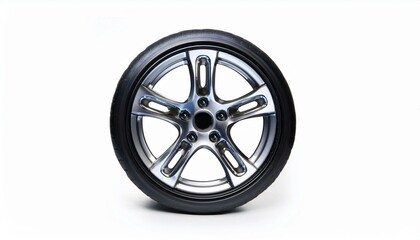 Fototapeta premium Sleek silver alloy wheel with a black tire, isolated on a white background.