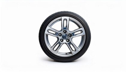 Obraz premium Close-up of a sleek, silver alloy wheel with a black tire, isolated on a white background.
