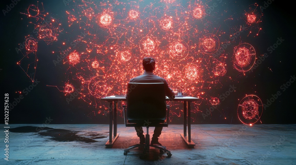 Poster individual contemplating data visualization surrounded by abstract patterns and light trails in a mo