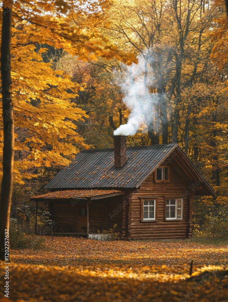 Aufkleber Charming log cabin nestled in vibrant autumn foliage with smoke rising from the chimney in a peaceful forest setting. Generative AI