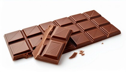 A delicious milk chocolate bar, broken into pieces, on a white background.
