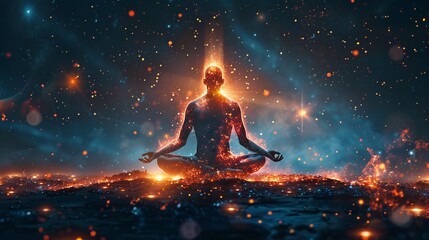 Naklejka premium Inner and outer energy balance around a meditating figure with cosmic elements