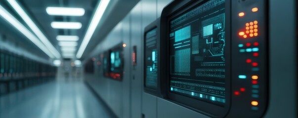Instrumentation engineering. High-tech corridor with digital screens displaying data.