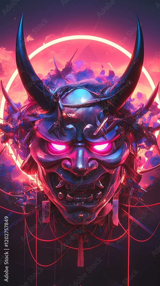 Aufkleber japanese demon mask with bright texture and glowing elements on soft gradient background