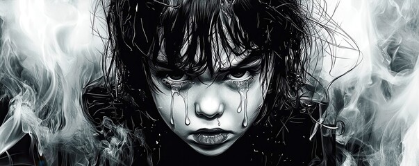 Emotional portrait of a child with dark hair drenched in tears, surrounded by ethereal smoke, capturing feelings of sorrow and isolation in monochrome tones.
