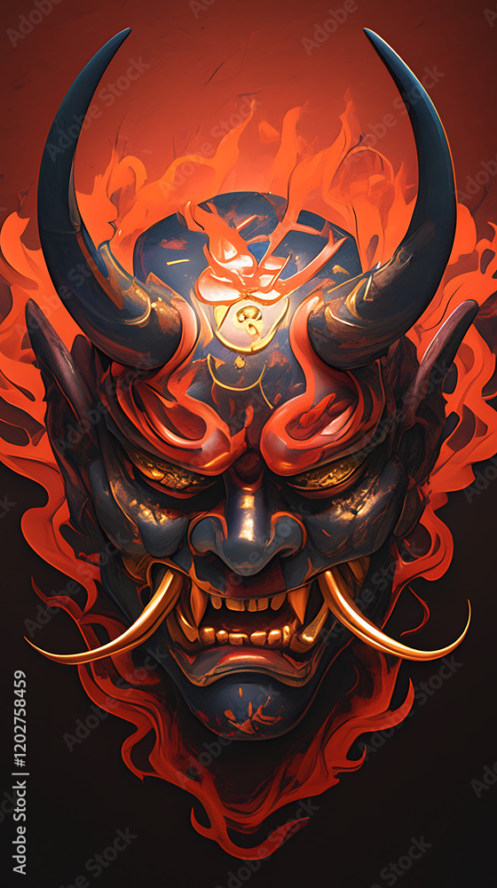 Poster japanese demon mask with bright texture and glowing elements on soft gradient background