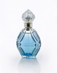 A luxurious, light blue perfume bottle with a faceted crystal stopper.