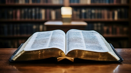 Obraz premium Open Bible in Library, book, open book, bookshelves, reading, knowledge