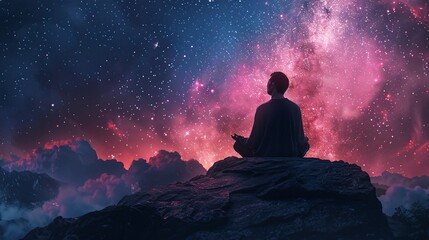 Obraz premium Meditating character with balanced masculine and feminine energies and the Milky Way behind
