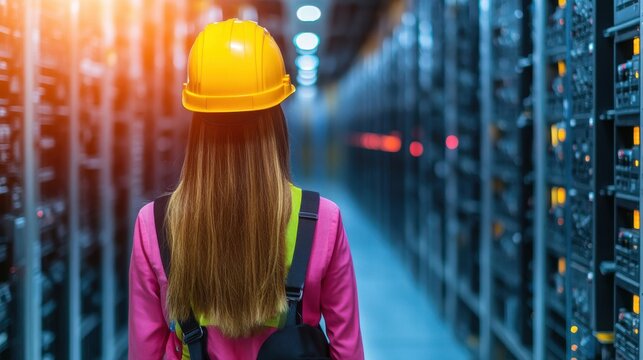 Instrumentation engineering. Woman with hard hat in server room, overseeing technology infrastructure.