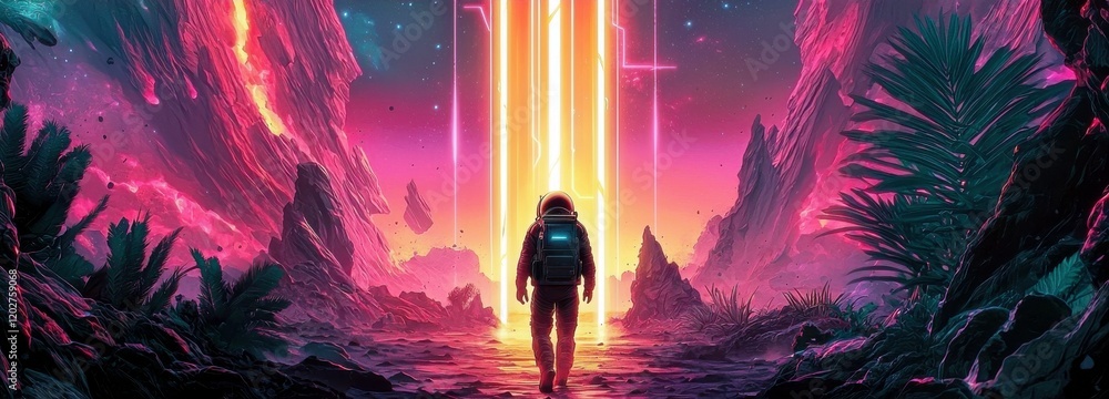 Poster surreal journey of an astronaut through a colorful portal in an otherworldly landscape with vibrant 