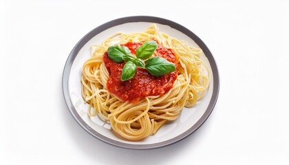 A plate of spaghetti with tomato sauce and basil.