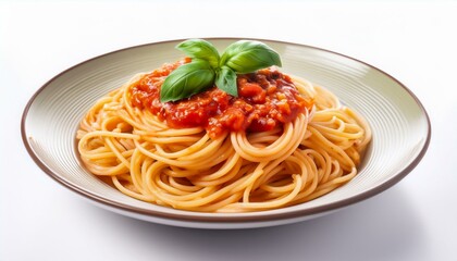 A plate of spaghetti with marinara sauce and basil.
