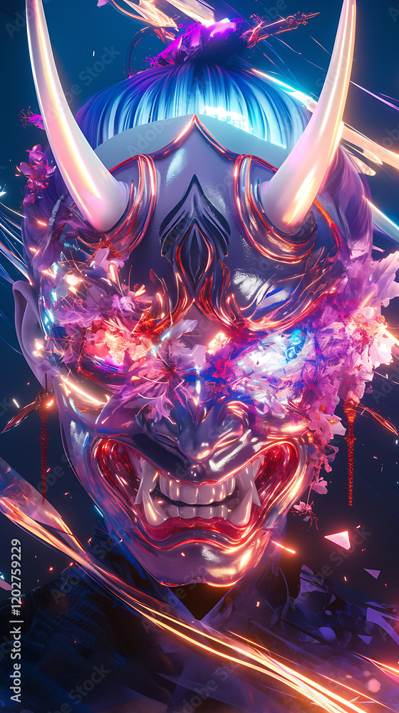 Poster japanese demon mask with bright texture and glowing elements on soft gradient background