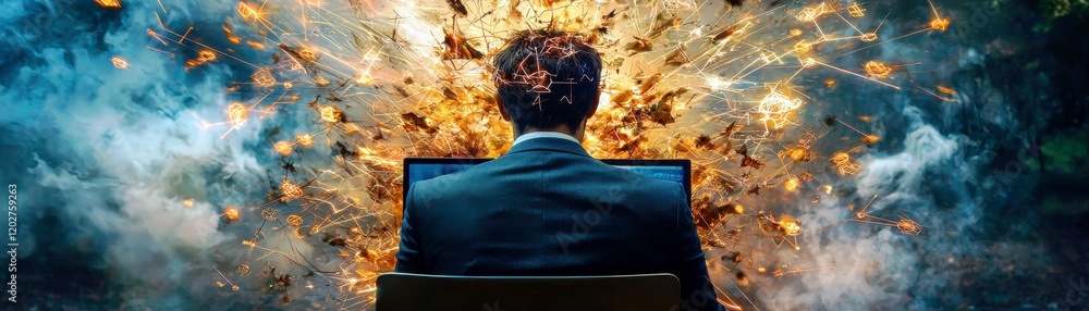 Poster man in suit facing explosive computer monitor with bright flames and bright sparks in abstract backg