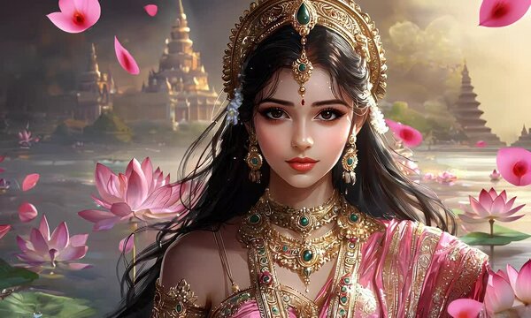 Indian princess, ornate jewelry, temple background, serene lake, fantasy art