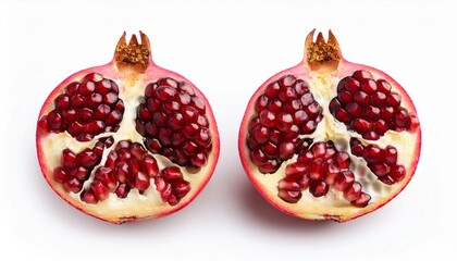 Two halves of a juicy pomegranate, vibrant red arils against a bright white background.