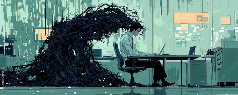 Poster dark abstract illustration of a man working at a desk with a shadowy figure emerging from behind in 