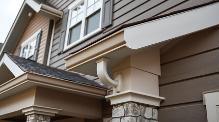 Obraz premium Modern House Exterior Design: Architectural Details of a Stunning Home. High-quality siding, stone accents, and elegant roofline create curb appeal.