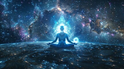 Fototapeta premium Meditating figure with spiritual symbols and balanced energies in a cosmic backdrop