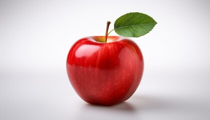 A single, ripe red apple with a green leaf.