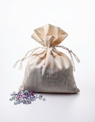 A small pouch of colorful beads sits on a white background.