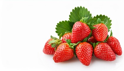 Juicy red strawberries with green leaves.