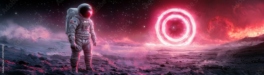 Poster astronaut in space suit exploring a colorful cosmic landscape with celestial elements and vibrant en