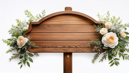 Rustic wooden sign adorned with delicate cream roses and greenery.
