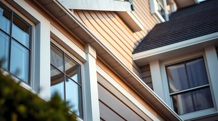 Luxury Home Exterior: Modern Architectural Design and High-End Finishes. View of a beautiful house with large windows and stylish design details.