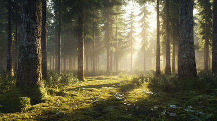 Fototapeta premium Serene Sunrise Illuminates Misty Forest Path with Tall Trees and Lush Green Underbrush in Tranquil Nature Scene 