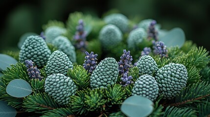 A close-up of pine cones and lavender among green foliage, showcasing nature's beauty.