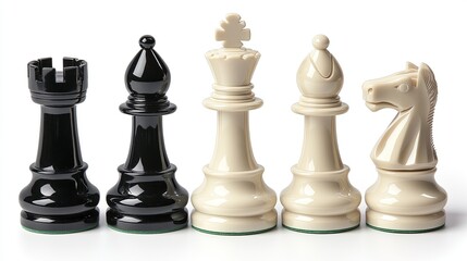 A lineup of chess pieces showcasing a rook, pawn, king, queen, and knight.