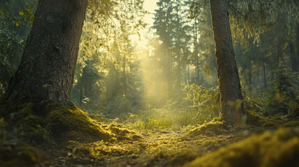 Fototapeta premium Serene Sunrise Illuminates Misty Forest Path with Tall Trees and Lush Green Underbrush in Tranquil Nature Scene 