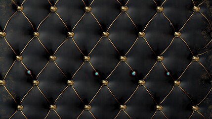 Luxurious Black Leather Upholstery with Golden Button Details and Diamond Pattern.