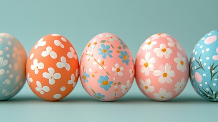 Fototapeta premium Colorful Floral Easter Eggs on a Soft Blue Background for Spring Celebrations