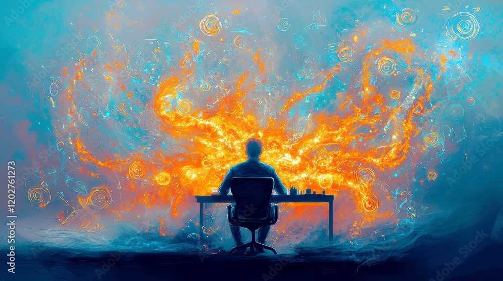 Poster individual at desk engaged in creative process with colorful abstract flames emanating from monitor 