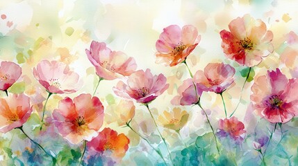 Vibrant Watercolor Painting of Pink and Orange Flowers with Soft Background of Green, Yellow, and Pastel Tones for Artistic and Nature Themes