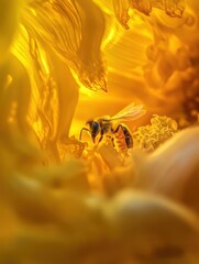 Fototapeta premium Honeybee Gathering Nectar in Golden Sunflower Petals, Macro Close-up.