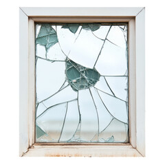 Broken Glass on Window with Cracks on White Background