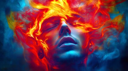Abstract Portrait of a Man with Flames and Smoke Surrounding His Head, Expressing Emotions of Passion, Intensity, and Mystical Energy in Vibrant Colors