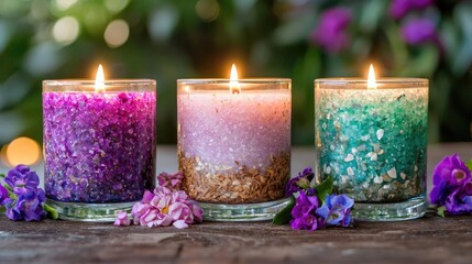 Scented candles burning on wooden surface, garden background, relaxation