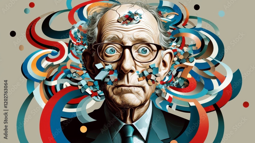 Poster surreal portrait of an elderly man surrounded by abstract colorful patterns and shapes representing 