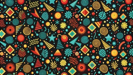 Vibrant Abstract Geometric Pattern Design Featuring Colorful Shapes and Swirls on Dark Background