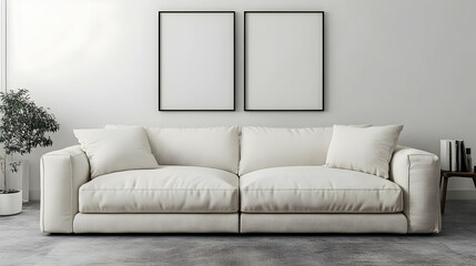 Modern Beige Sofa with Blank Frames in Minimalist Living Room, couch, cream, interior, design, home decor
