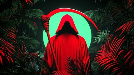 Mysterious Figure in Red Hood with Scythe Surrounded by Lush Foliage