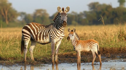 Mother Zebra and Foal at Watering Hole